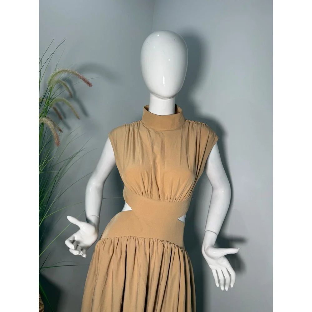 Commense Beige Cutout Maxi Dress High Neck‎  Elegant Flowy size S